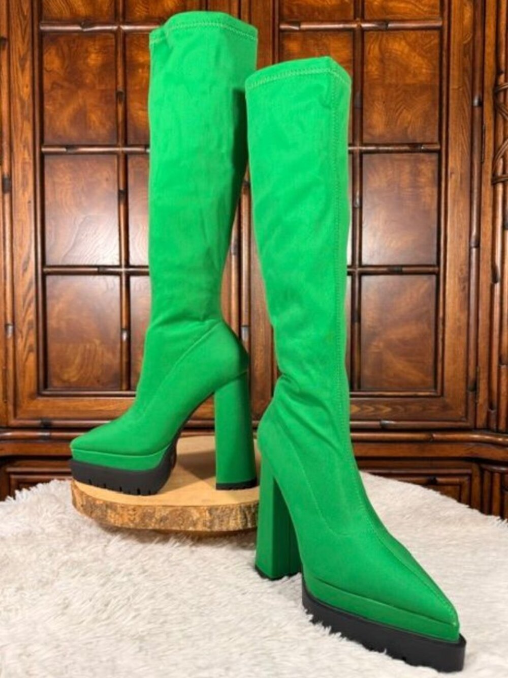 Vivianly Green Pointed Toe Platform Block Heel Knee High Stretch Boot